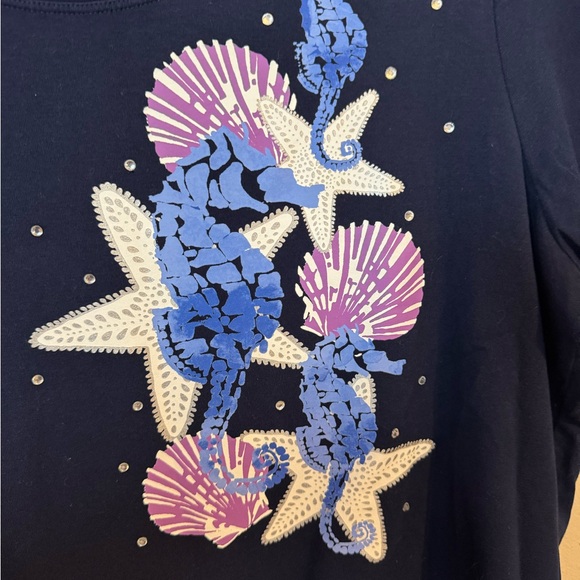 ❤️Kim Rogers Navy Blue Short Sleeve Tee w/SEAHORSE/STARFISH  LARGE/PETITE   #P - Picture 4 of 6